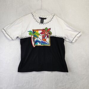 IB Diffusion Women's Tropical Floral Applique T Shirt Black White Size M Vintage